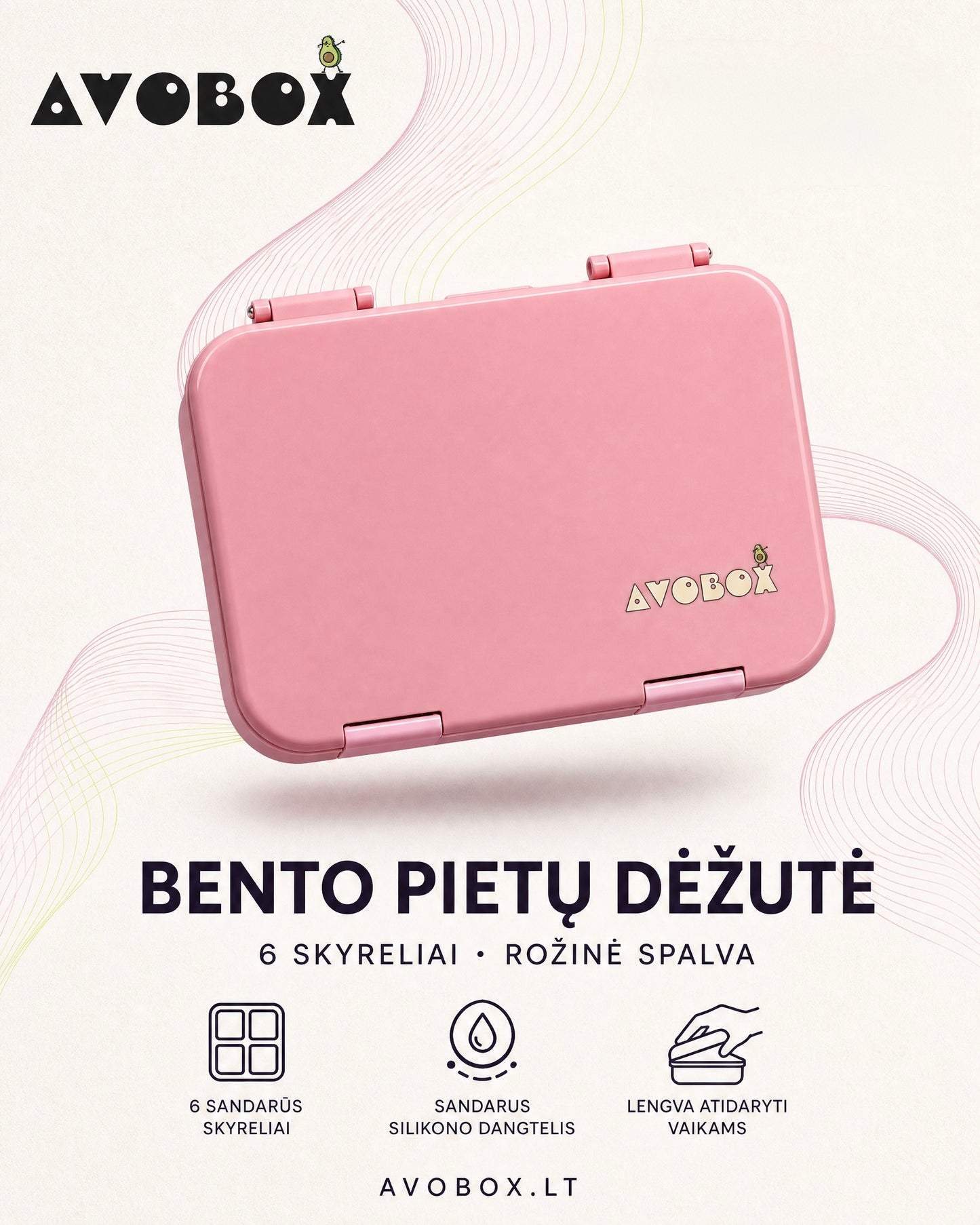Rožinės spalvos bento pietų dėžutė